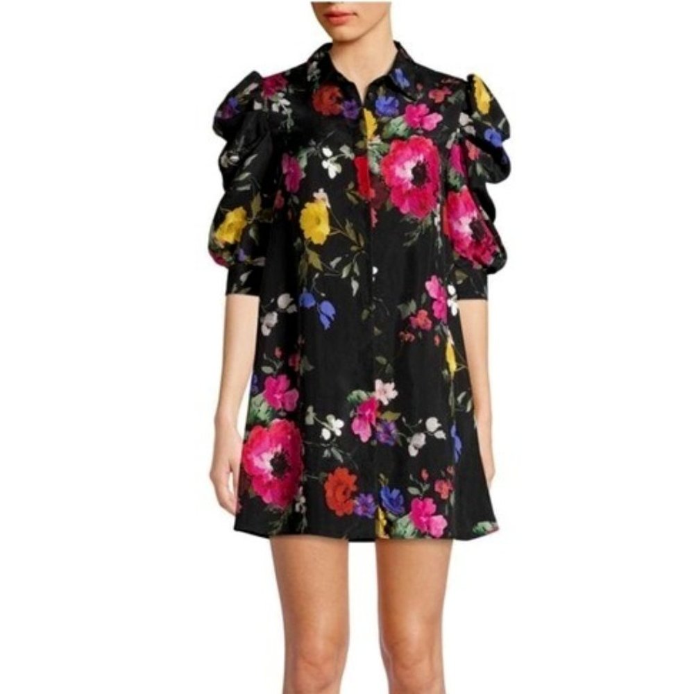 Alice + Olivia Floral Print Puff Sleeve Button-Up Dress